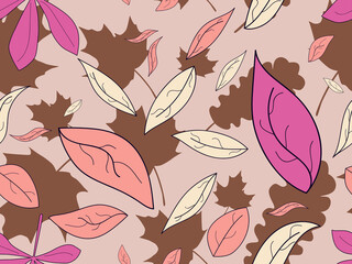 Autumn leaves seamless pattern. Falling leaves, leaf fall. Oak and maple. Background for wrapping paper, print, fabric and printing. Vector illustration