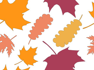 Autumn leaves seamless pattern. Falling leaves, leaf fall. Oak and maple. Background for wrapping paper, print, fabric and printing. Vector illustration