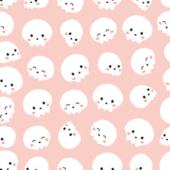 Halloween seamless pattern with cute cartoon skulls on pink background. Doodle style illustration.
