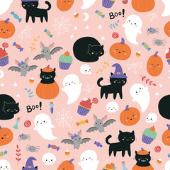 Childish Halloween seamless pattern. Cute cartoon black cats, sweets, bats, pumpkin and ghosts on pink background. Kawaii style illustration.