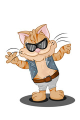 A yellow cool cat wearing black eyeglasses and gray jacket, design animal cartoon vector illustration - Copy