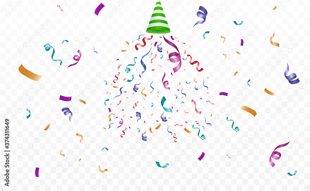 Poster Lots of colorful tiny confetti and ribbons on transparent background. Festive event and party. Multicolor background.Colorful bright confetti isolated on transparent background