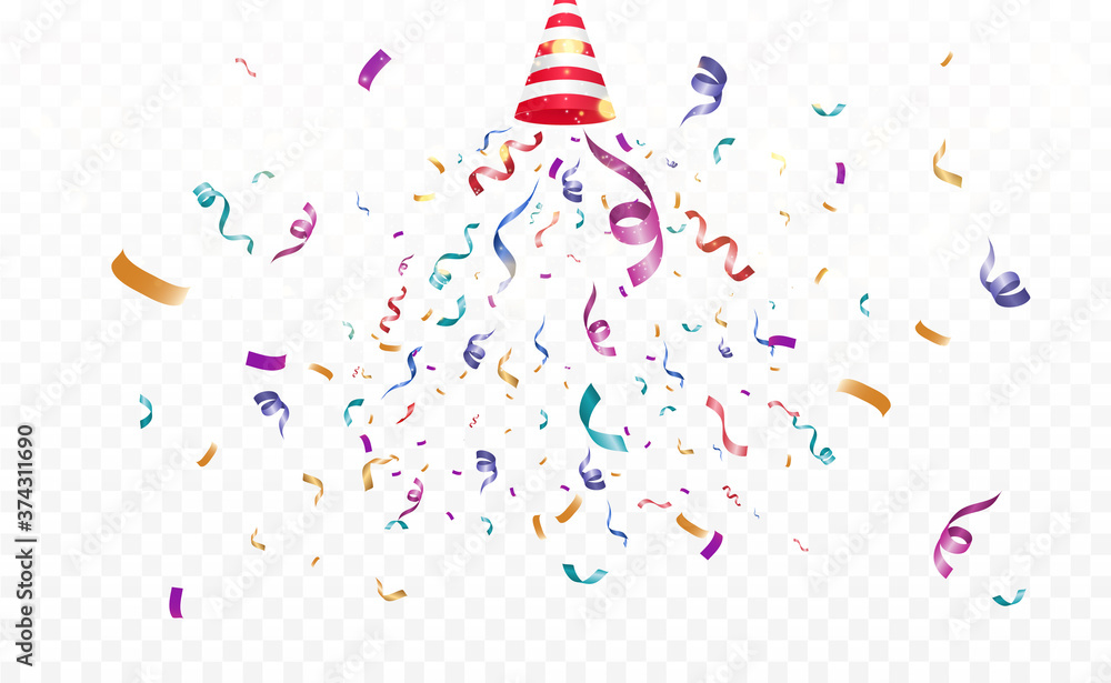 Poster Lots of colorful tiny confetti and ribbons on transparent background. Festive event and party. Multicolor background.Colorful bright confetti isolated on transparent background