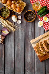 Food background. Dinner table with fresh homemade food. Top view