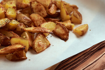 Part of white paper and cutting board with delicious baked golden potatoes slices with seasoning from sideways. On wooden table with free space for text
