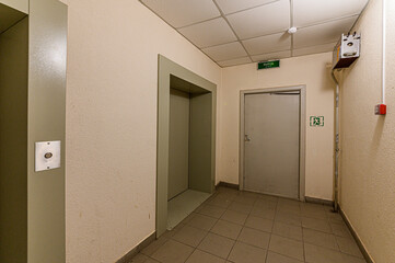 Russia, Moscow- February 15, 2020: interior public place, house entrance. doors, walls, staircase corridors