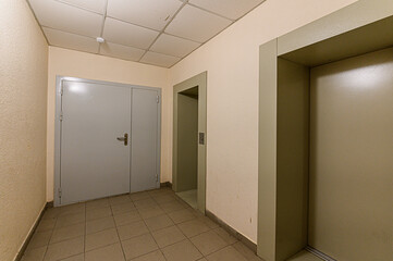 Russia, Moscow- February 15, 2020: interior public place, house entrance. doors, walls, staircase corridors