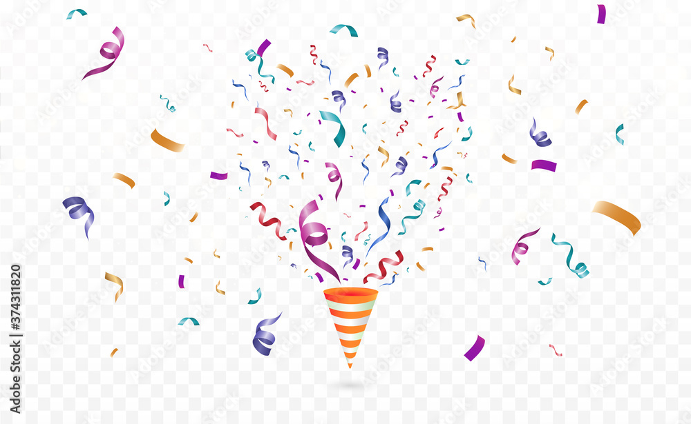 Poster Lots of colorful tiny confetti and ribbons on transparent background. Festive event and party. Multicolor background.Colorful bright confetti isolated on transparent background