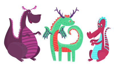 Obraz premium Cartoon Dragons with Wings, Pikes and Tails Vector Set
