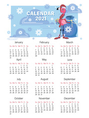 Flamingo Santa Claus. Calendar 2021. Vector baby calendar. Week starts on Sunday. Cartoon little flamingo with gifts 