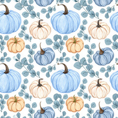 Watercolor pumpkins seamless pattern. Hand drawn autumn pumpkin with floral twigs. Fall background.