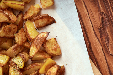 Part of white paper and cutting board with delicious baked golden potatoes slices with seasoning from top. On wooden table with free space for text