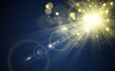 Obraz premium Special lens flash, light effect. The flash flashes rays and searchlight. illust.White glowing light. Beautiful star Light from the rays. The sun is backlit. Bright beautiful star. Sunlight. Glare. 