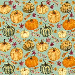 Watercolor pumpkins seamless pattern. Hand drawn autumn pumpkin with floral twigs. Fall background.