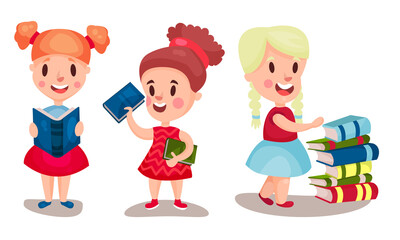 Little Girls Sitting and Standing Reading Book Vector Illustrations Set