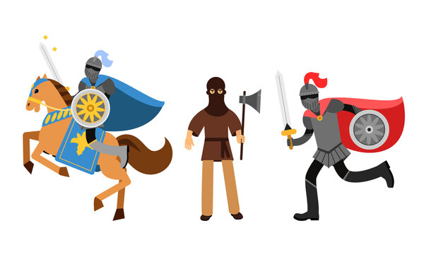 Medieval People Characters with Armored Knight on Horse and Executor with Axe Vector Illustration Set