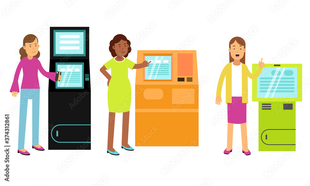 Poster people characters using electronic self service terminals and atm machine vector illustration set