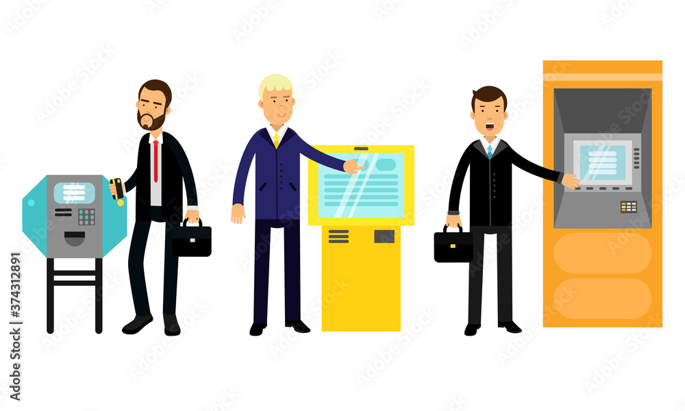 Poster young man characters using electronic self service terminals and atm machine vector illustration set