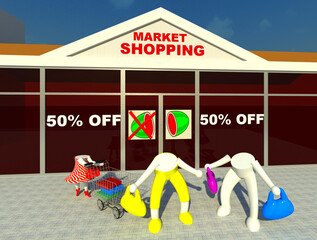 Total discount 3D illustration. 50% off customer characters exiting the shop loaded with their purchases. Collection.