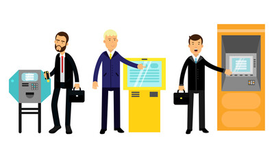 Young Man Characters Using Electronic Self Service Terminals and ATM Machine Vector Illustration Set