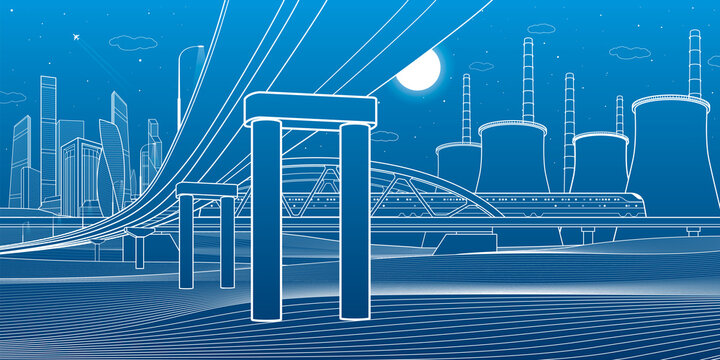 Outline road bridge. Car overpass. Train rides. City Infrastructure and transport illustration. Urban scene. Vector design art. White lines on blue background