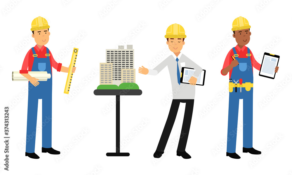 Poster constructor or builder in yellow hard hat holding draft and presenting project layout vector illustr