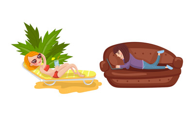 Young Woman Lying on Sun Lounger Drinking Juice and on Sofa with Laptop Vector Illustration Set
