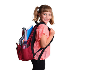 Little girl with backpack with school supplies happy isolated