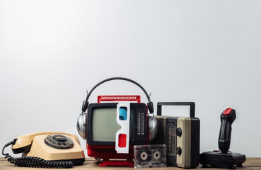 Retro portable mini tv set with headphones, 3d glasses, radio receiver, joystick, phone, audio...