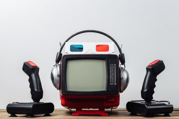 Retrogaming. Video game competition. Old TV with headphones, anaglyph 3D glasses and two joysticks...