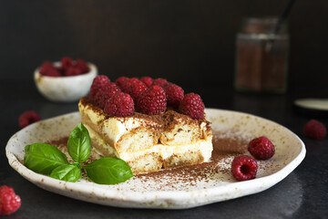 Tiramisu with raspberries on a dark concrete background. The classic Italian dessert is tiramisu.