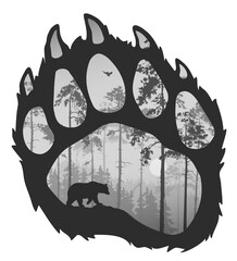 paw of a bear, inside a silhouette of a forest, a bear and a flying owl. Vector illustration, isolated object - 374314878