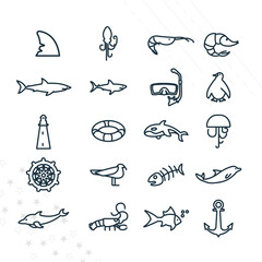 sea line icon set with sea animals, shark, scuba mask, shrimp. fish, ship, crayfish, dolphin, whale, killer whale, jelly fish