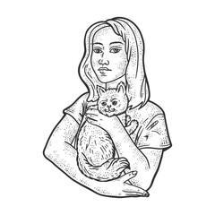 Woman with pet cat sketch engraving vector illustration. T-shirt apparel print design. Scratch board imitation. Black and white hand drawn image.