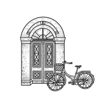 Bicycle Is Parked Near The Front Door Of The House Sketch Engraving Vector Illustration. T-shirt Apparel Print Design. Scratch Board Imitation. Black And White Hand Drawn Image.