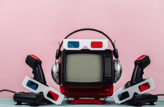 Retrogaming. Video game competition. Old TV with headphones, anaglyph 3D glasses and two joysticks on pink background. Attributes 80s