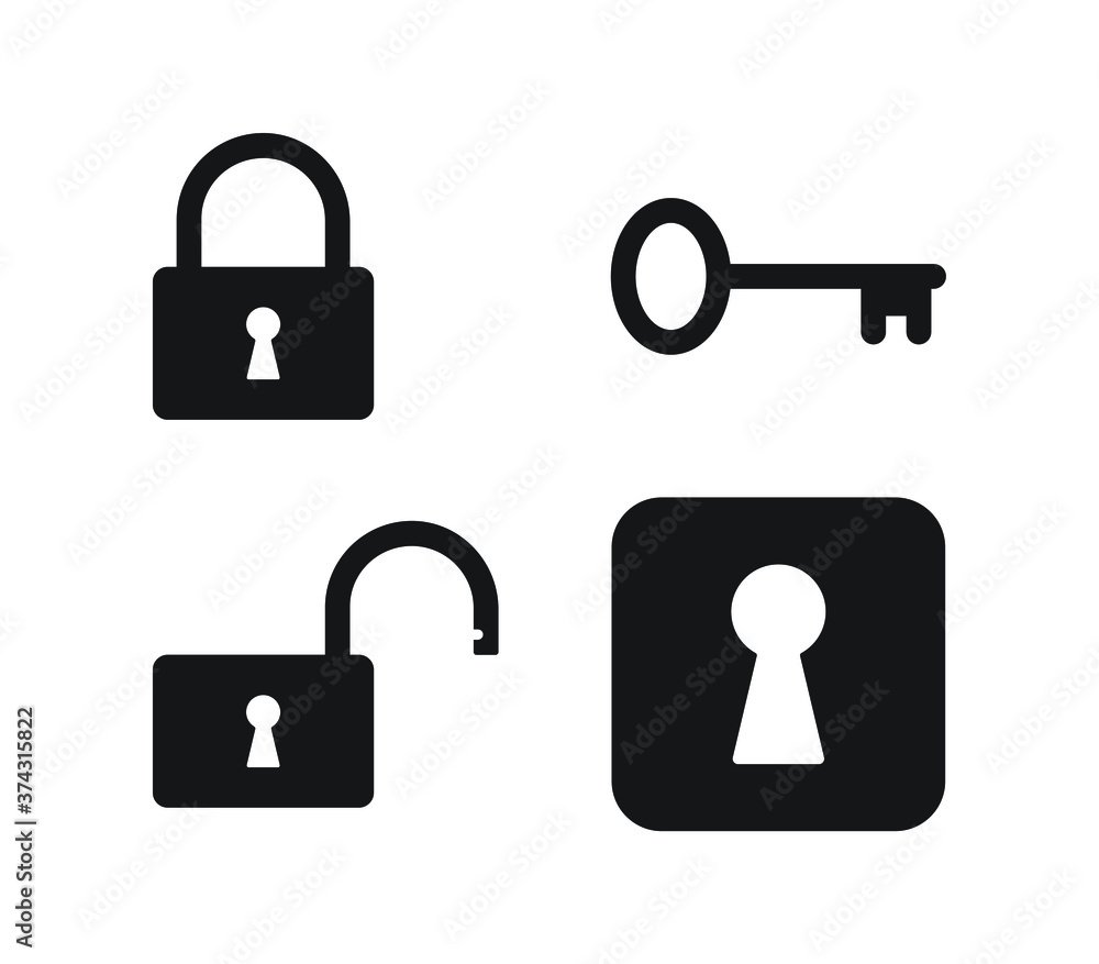 Poster key, keyhole, lock and unlock icon. padlock open and closed sign. log in and log out symbol. securit