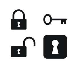 Key, keyhole, lock and unlock icon. Padlock open and closed sign. Log in and log out symbol. Security access logo. Vector illustration image. Black silhouette shape isolated on white background.