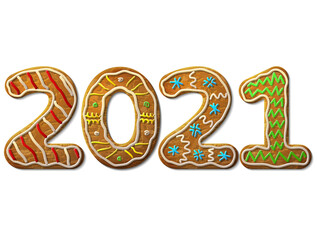 New Year 2021 in shape of gingerbread isolated on white. Year number as cookies. Vector design element for new years day, christmas, winter holiday, cooking, new years eve, food, silvester, etc