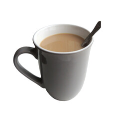 Coffee-filled grey mug with a spoon close-up isolated on a white background. Instant coffee with milk in a large mug.