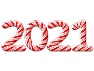 New Year 2021 in shape of candy stick isolated on white. Year number as striped holiday candies. Vector design element for christmas, new years day, sweet-stuff, winter holiday, new years eve, food