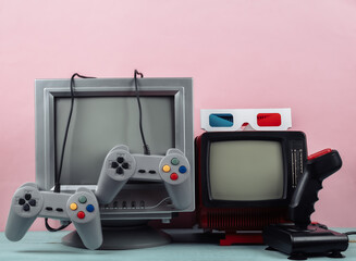 Retrogaming. Video game competition. Old TVs with joysticks and gamepads, 3d glasses on pink background. Attributes 80s