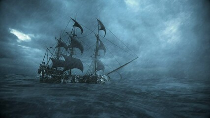 ship sailing in the ocean in a storm with rain and lightning, 3d animation