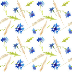 Fototapeta na wymiar Watercolor seamless pattern. Hand painted cornflowers and ears of wheat.