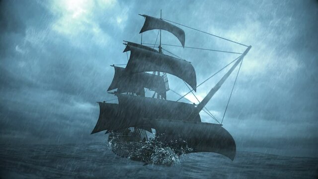 ship sailing in the ocean in a storm with rain and lightning, 3d animation