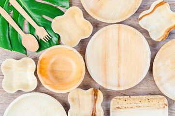 Kitchenware made from dried betel nut leaf palm, natural material.