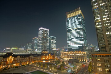Beautiful night view in the big city, Tokyo station, Japan.