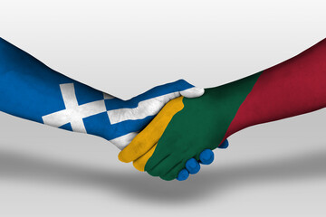 Handshake between lithuania and greece flags painted on hands, illustration with clipping path.