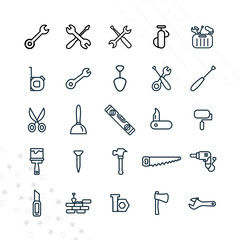 repair tools line icon set with hammer, wrench and screwdriver, drill, nails, cutter, painting roller, saw, tool box