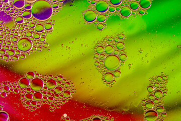 Abstract colorful bubbles. Mixing water and oil. Unrealistic colored bubbles, different color filters